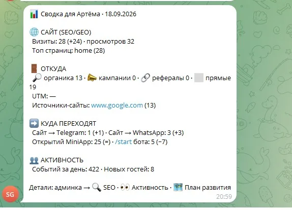 Ежедневная сводка в Telegram: сайт, источники, переходы, активность — не открывая панель.
